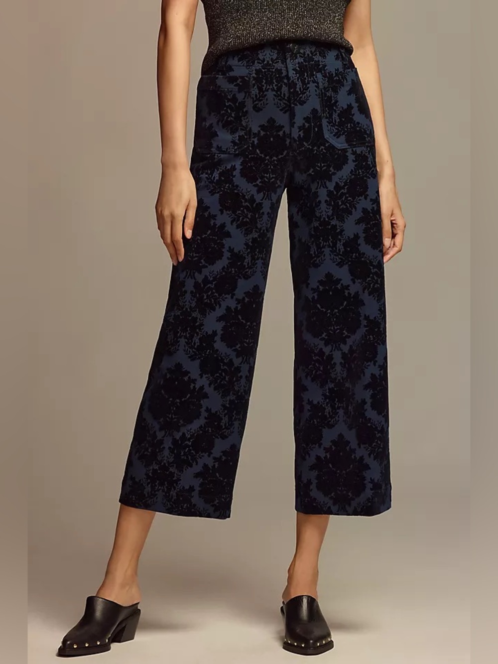 Maeve The Colette Pant 27 Navy Black Velvet Floral High Rise Wide Leg